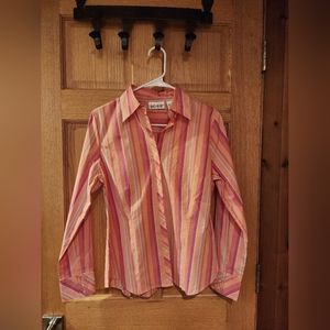 Kim Rogers (Small) hidden-Button down, vertical striped blouse. Buttoned cuffs.